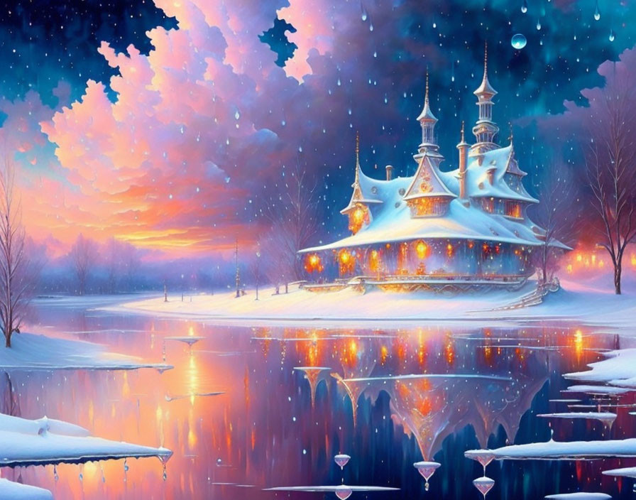 Snow-covered castle in vibrant sunset sky over frozen lake