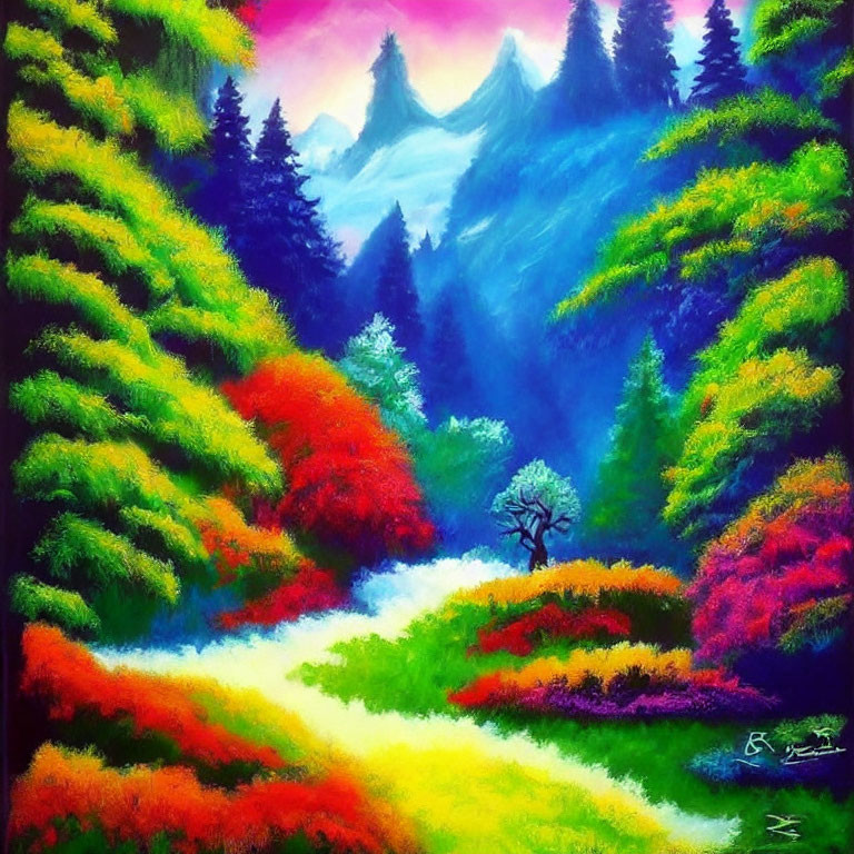 Colorful Forest Painting with Red, Green, and Yellow Trees and Misty Blue Mountains