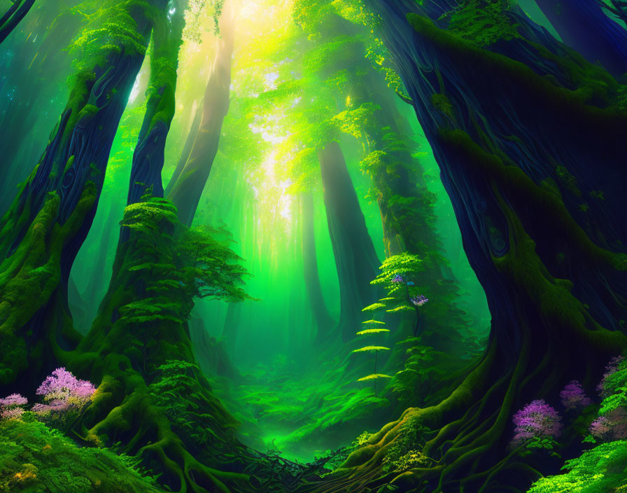 Enchanting fluorescent green forest with towering trees and purple flowers