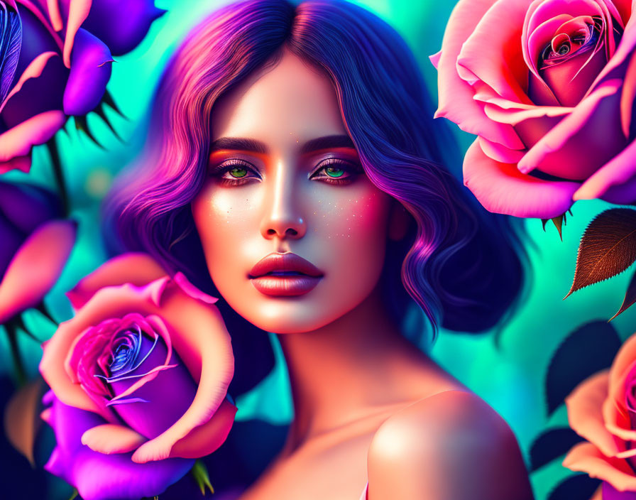 Surreal digital art: Female figure with violet hair among purple and pink roses on teal backdrop