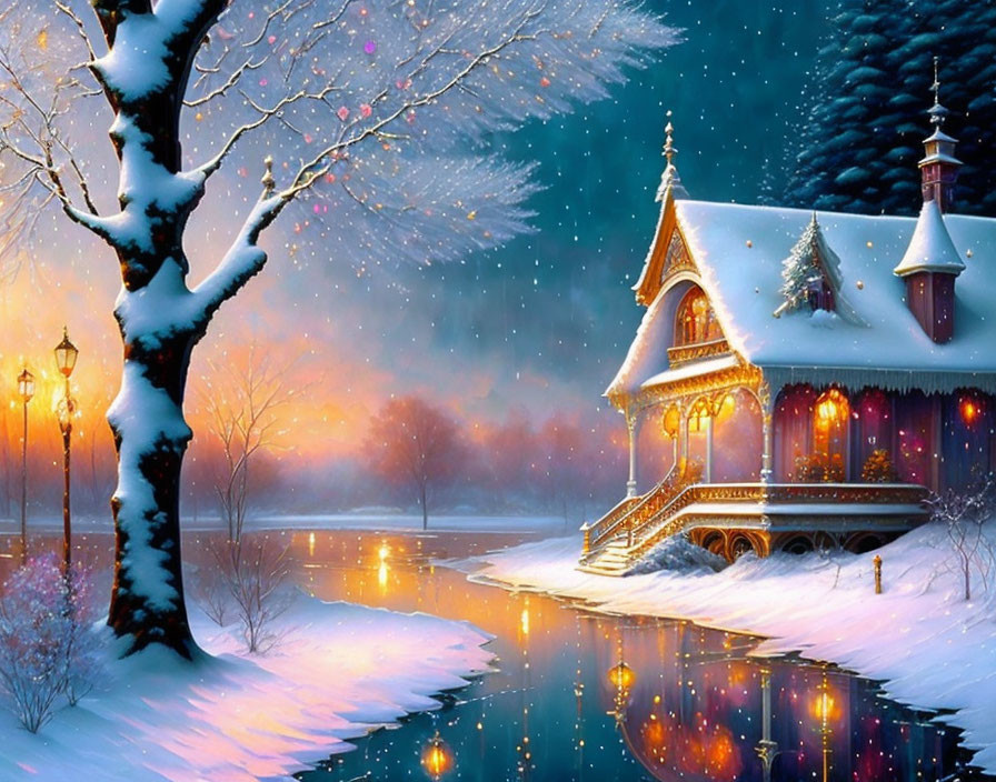 Snow-covered trees and cozy house by river in winter dusk