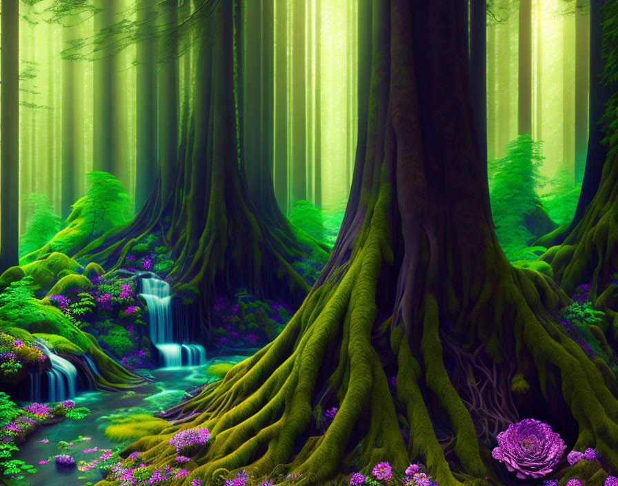 Lush forest scene with moss, trees, waterfall, and ethereal light