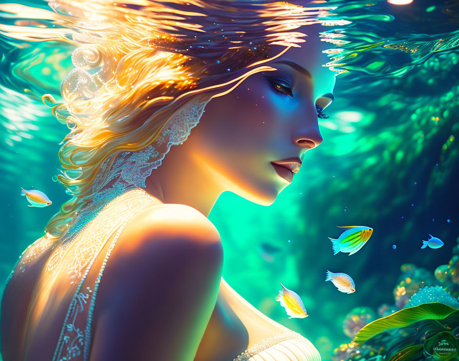 Ethereal underwater scene with serene woman and glowing fish