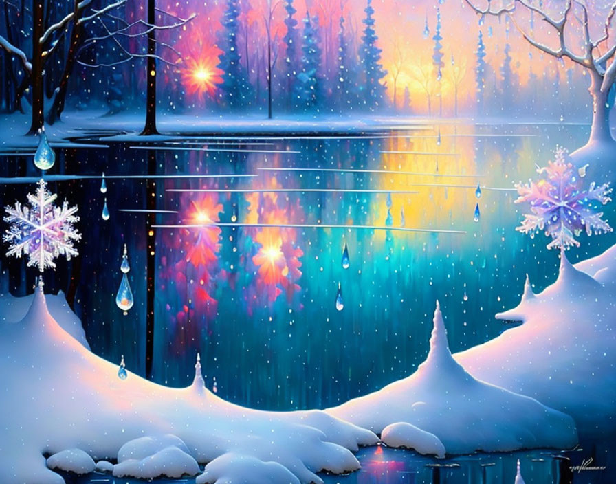 Winter Scene with Snow-Covered Ground, Sparkling Snowflakes, Icy Lake, and