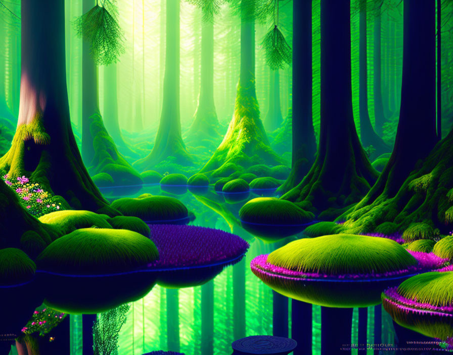 Luminous Green and Purple Forest with Moss-Covered Trees