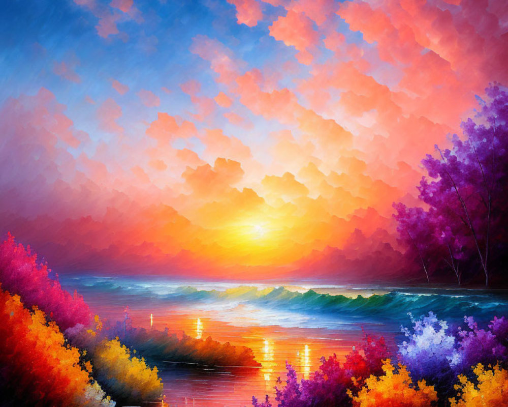 Colorful sunset painting with orange clouds, blue sea, and vibrant trees.