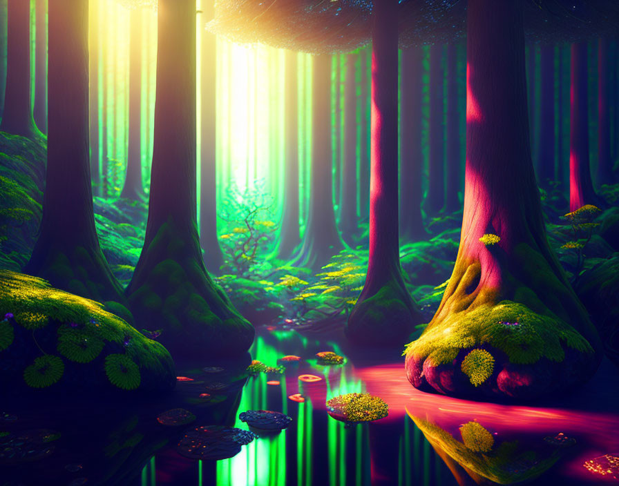Ethereal forest with glowing sunlight, moss-covered trees, and reflective pond