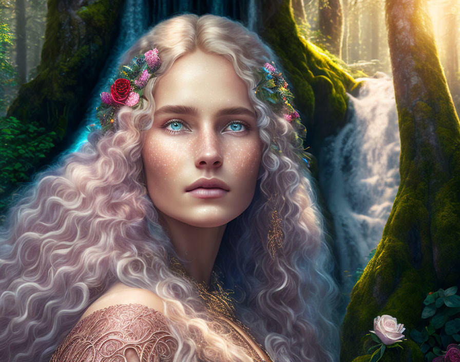 Portrait of woman with curly white hair and blue eyes in enchanted forest with waterfall