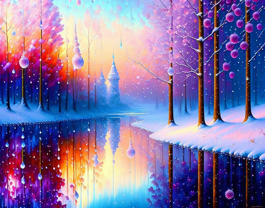 Colorful Trees and Snow Pathway in Twilight Fantasy Landscape