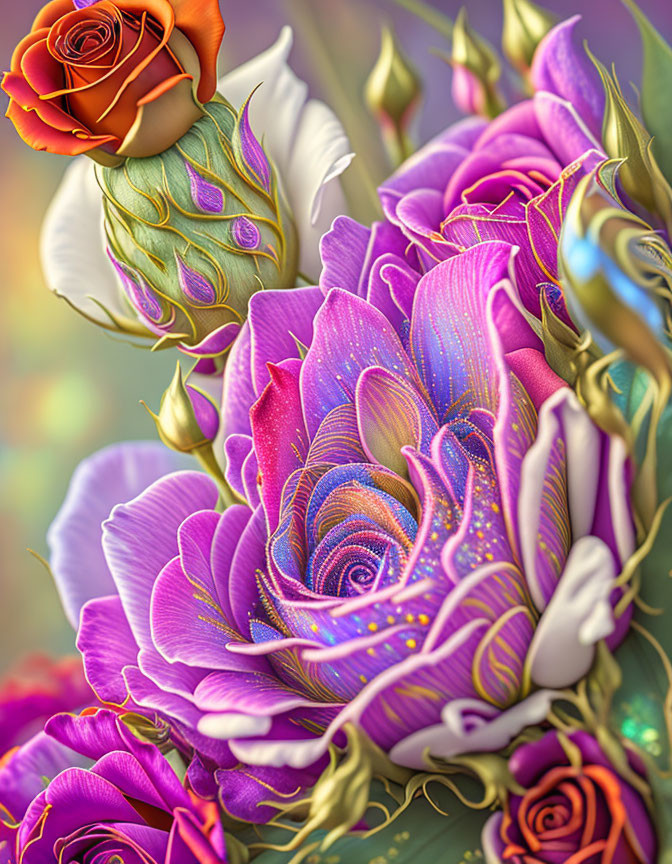 Colorful Stylized Flower Bouquet with Intricate Details and Prominent Purple Hue