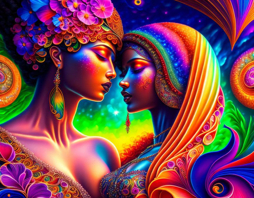 Colorful artwork featuring two women with ornate headdresses on a starry background