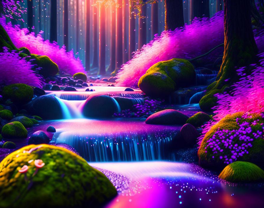 Vibrant fantasy landscape with purple foliage, glowing stream, and ethereal rays