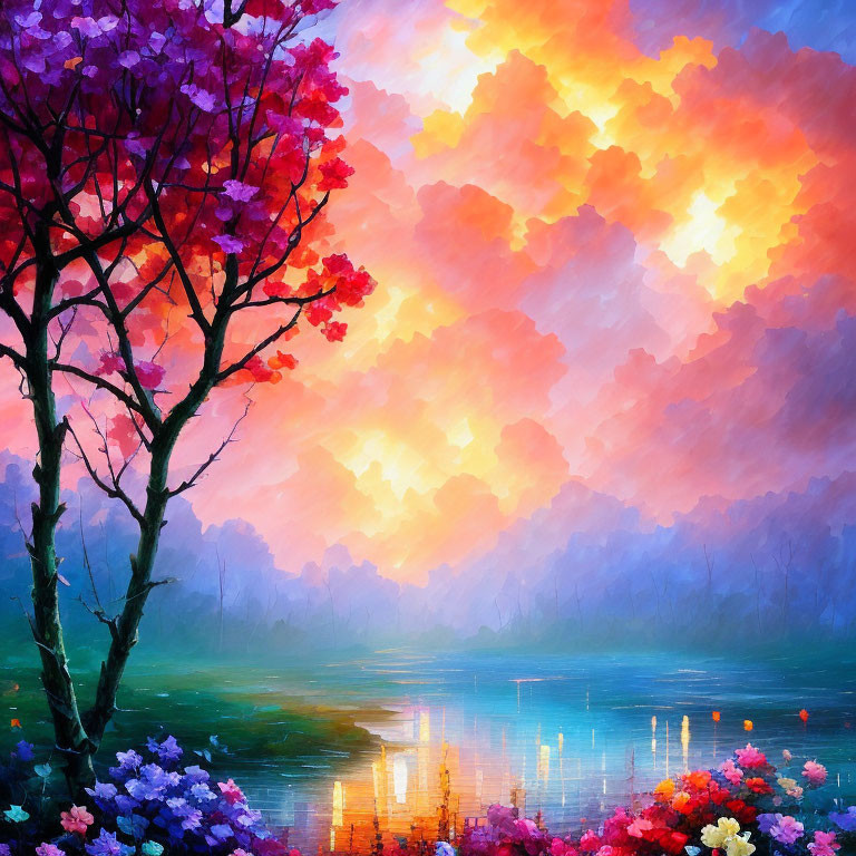 Colorful sunset painting with pink clouds over calm lake and blooming trees