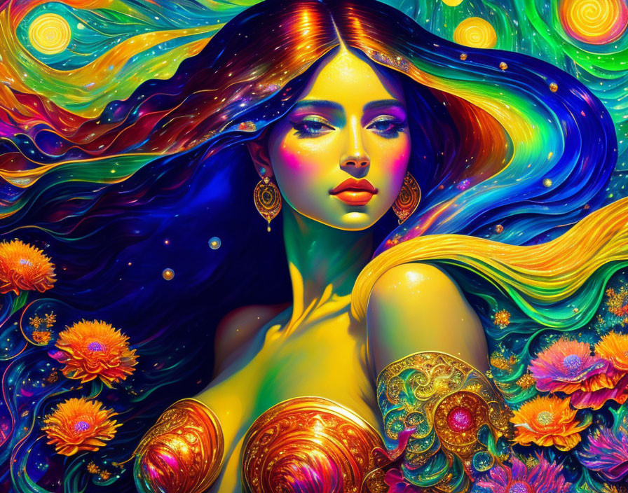 Colorful digital artwork of woman with multicolored hair and floral elements