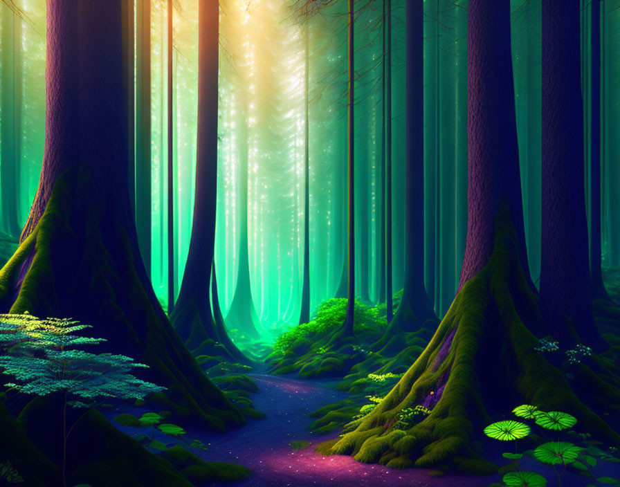 Mystic forest with lush green undergrowth and towering trees