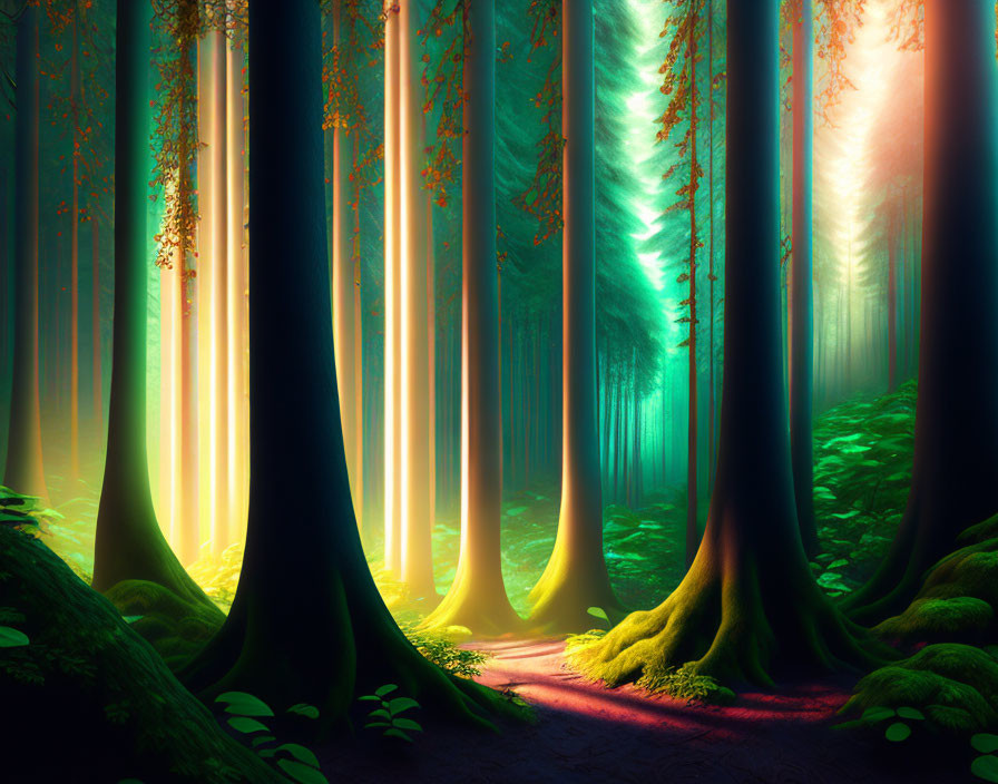 Enchanting forest scene with towering trees and vibrant green foliage