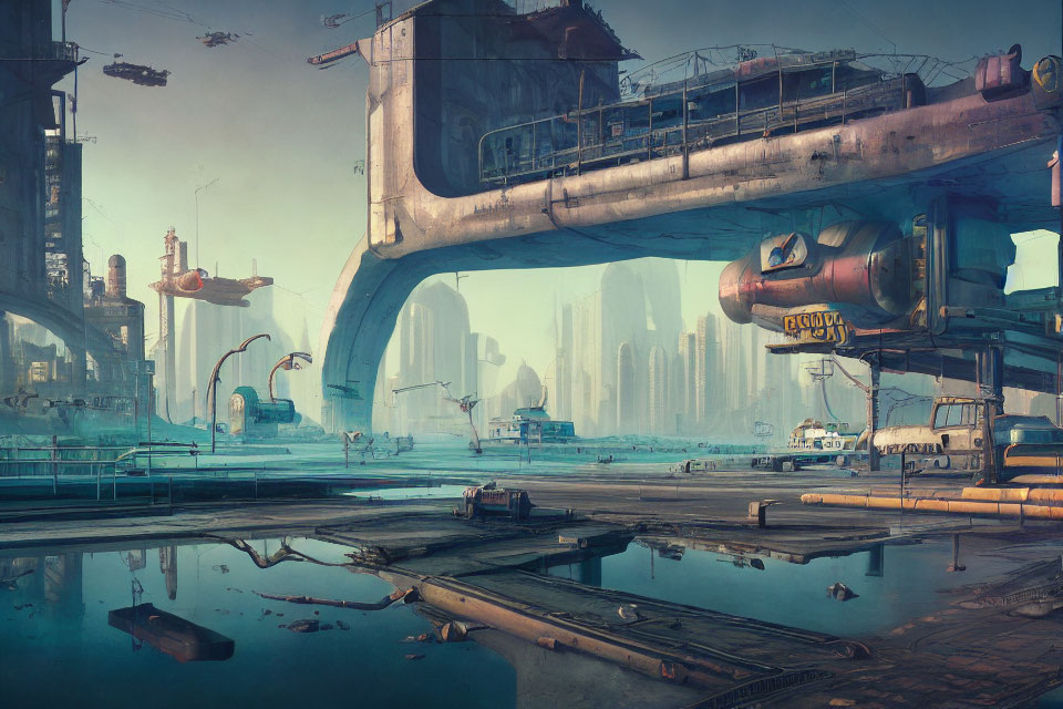 Dilapidated futuristic port with rusting ships and flying vehicles
