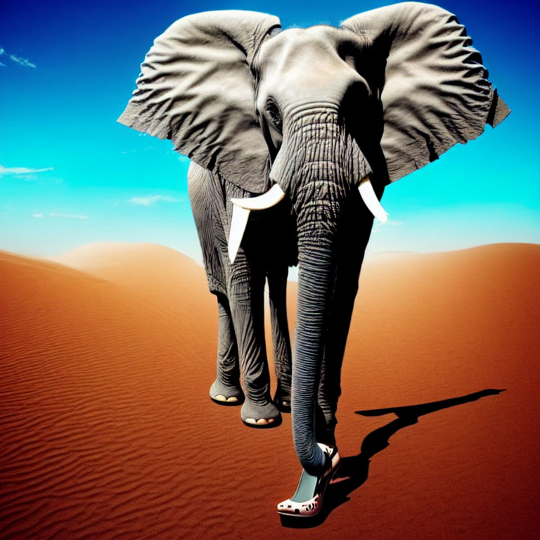 Elephant with human feet in red flip-flops in desert