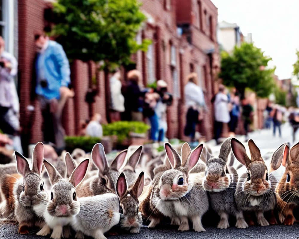 Group of bunnies on street with blurred people and brick buildings