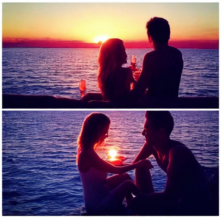 Romantic Couple Watching Sunset by the Sea with Drinks