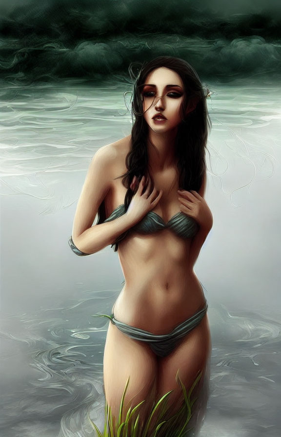 Digital artwork: Woman in bikini standing in water under overcast skies