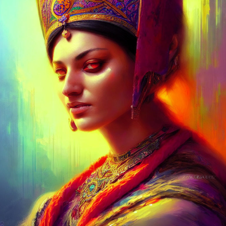 Vibrant digital art portrait of a woman with red eyes and ornate headdress