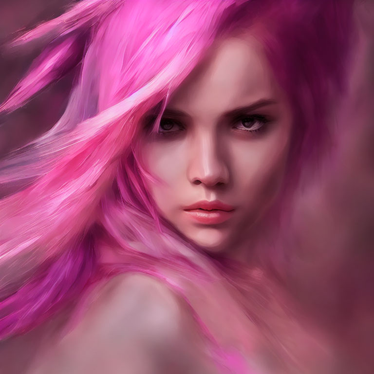 Digital painting: Person with flowing pink hair and intense gaze, sharp features and soft textures.