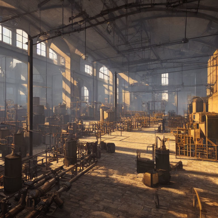 Rustic metal machinery in old factory interior