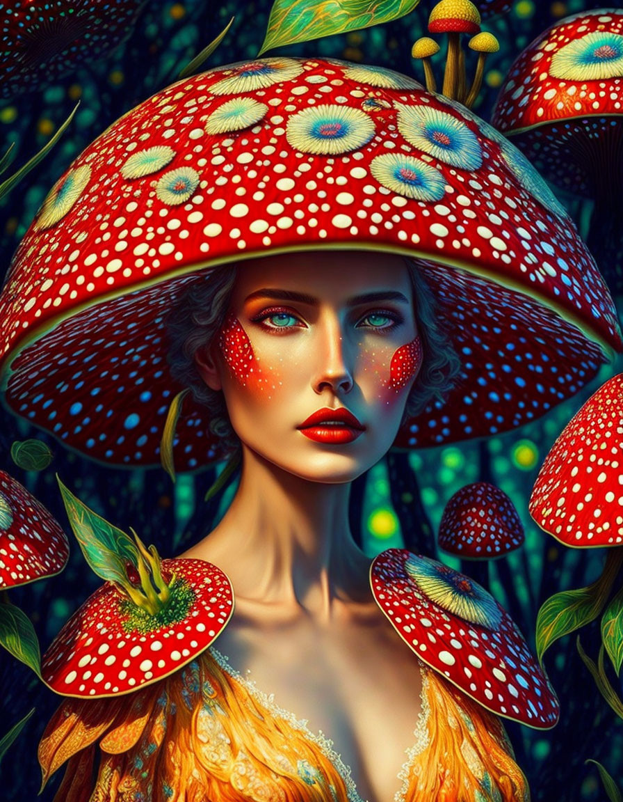 Fantasy-themed portrait of woman in mushroom hat and dress in mystical forest