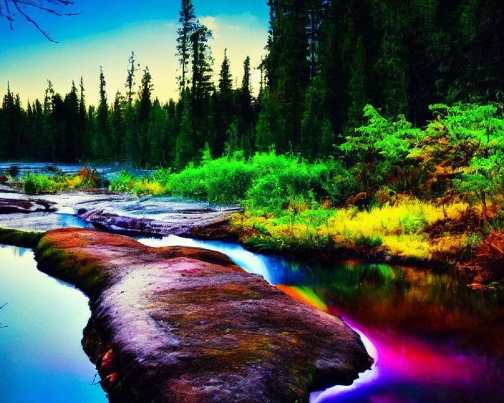 Colorful River Landscape with Pink and Blue Reflections Amid Twilight Sky