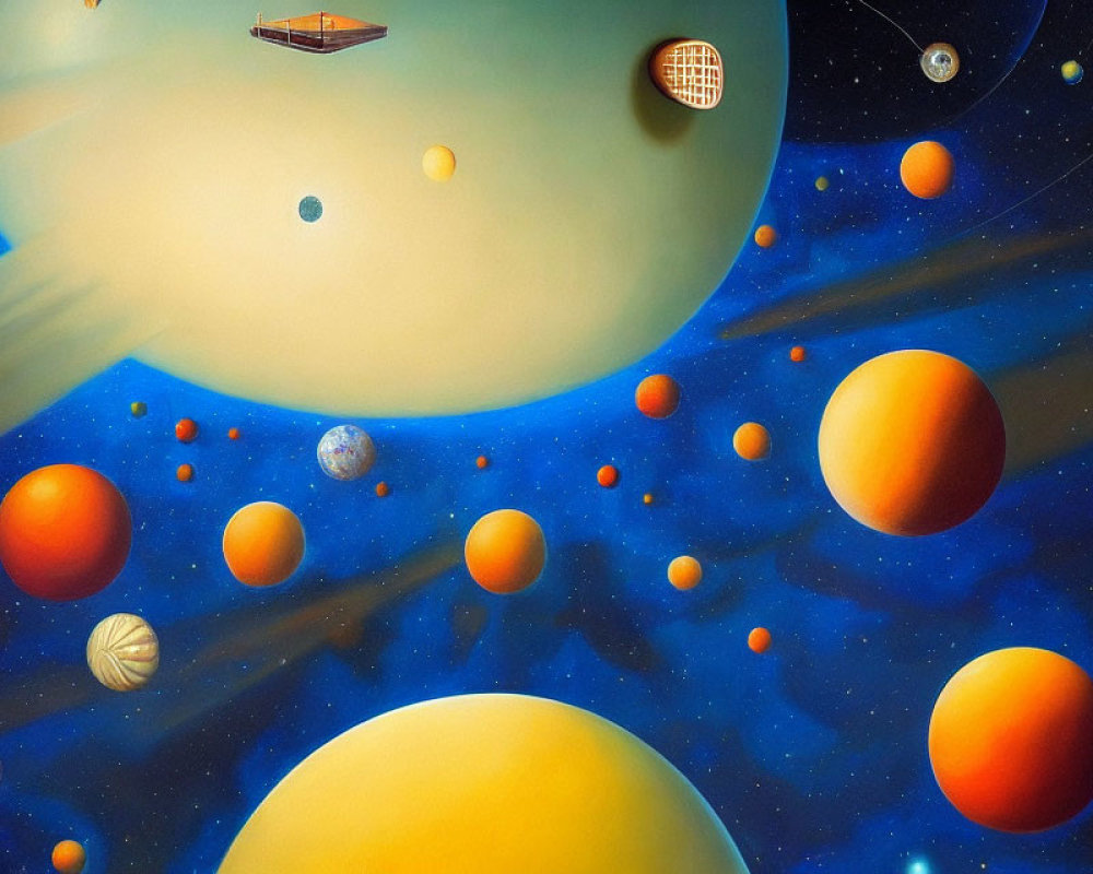 Colorful Surreal Cosmic Scene with Planets and Moons against Starry Sky