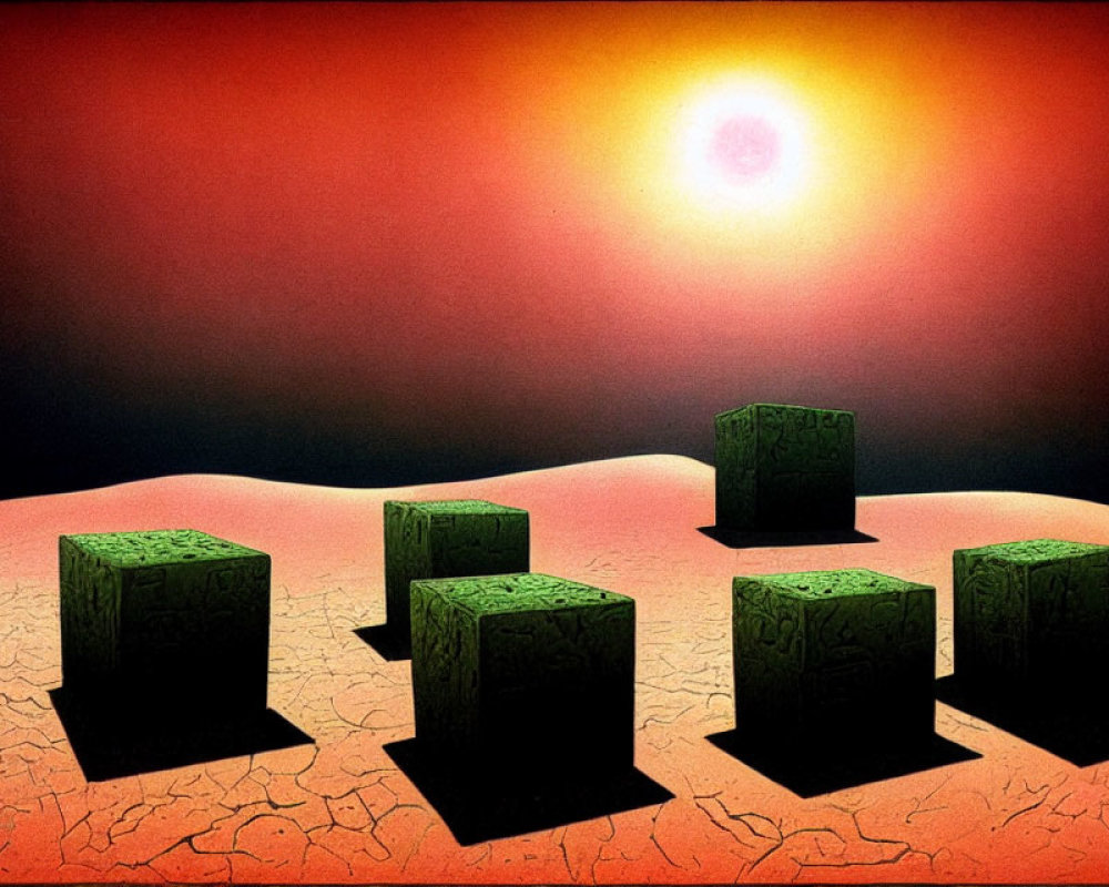 Five green cubes with intricate designs on cracked desert landscape under large glowing sun in red sky