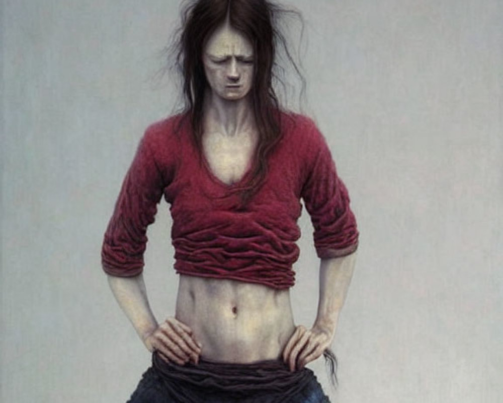 Figure in Red Cropped Top and Dark Pants Sitting Hunched Over