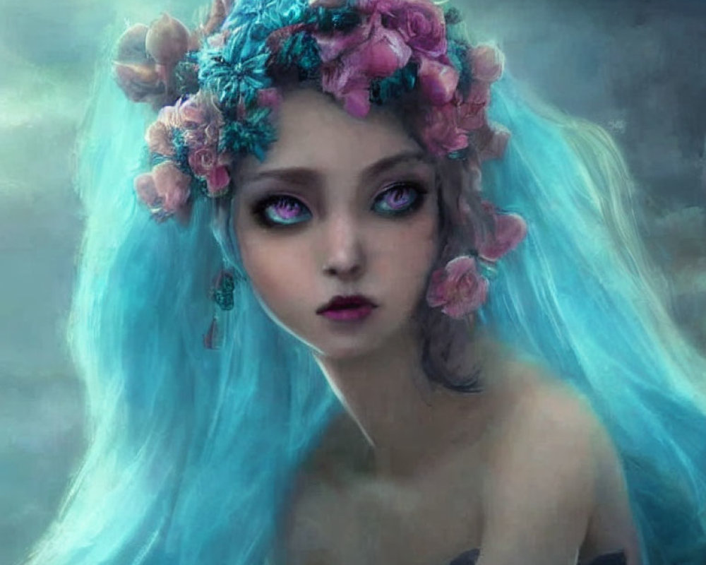 Illustrated female character with purple eyes, blue hair, and floral wreath