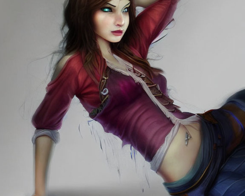 Stylized digital artwork of female character with blue eyes and brown hair in red top and blue jeans