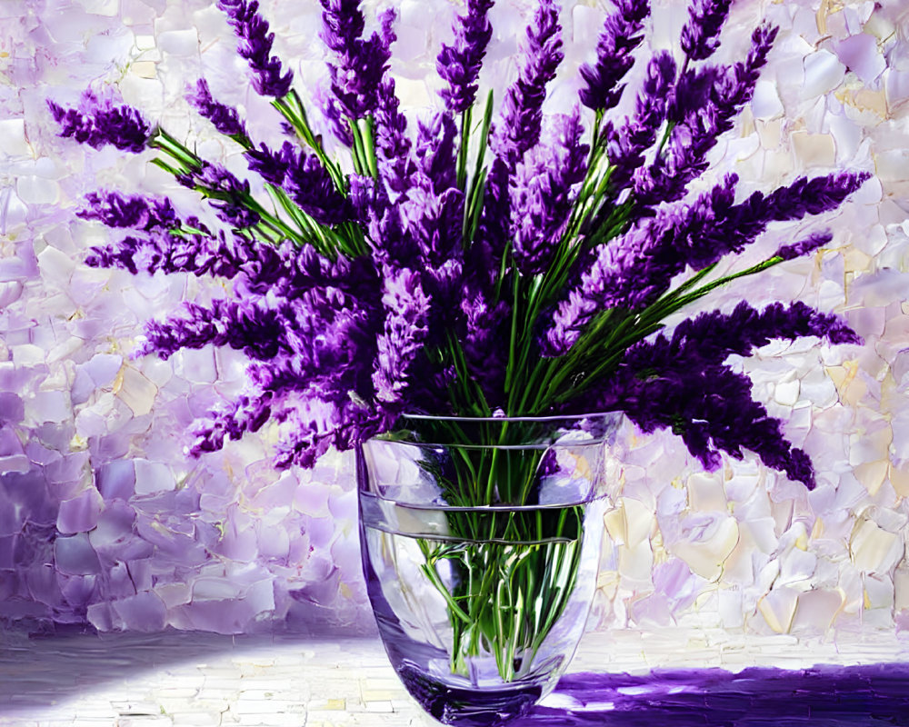 Purple Lavender Bouquet in Clear Glass Vase on Textured Background