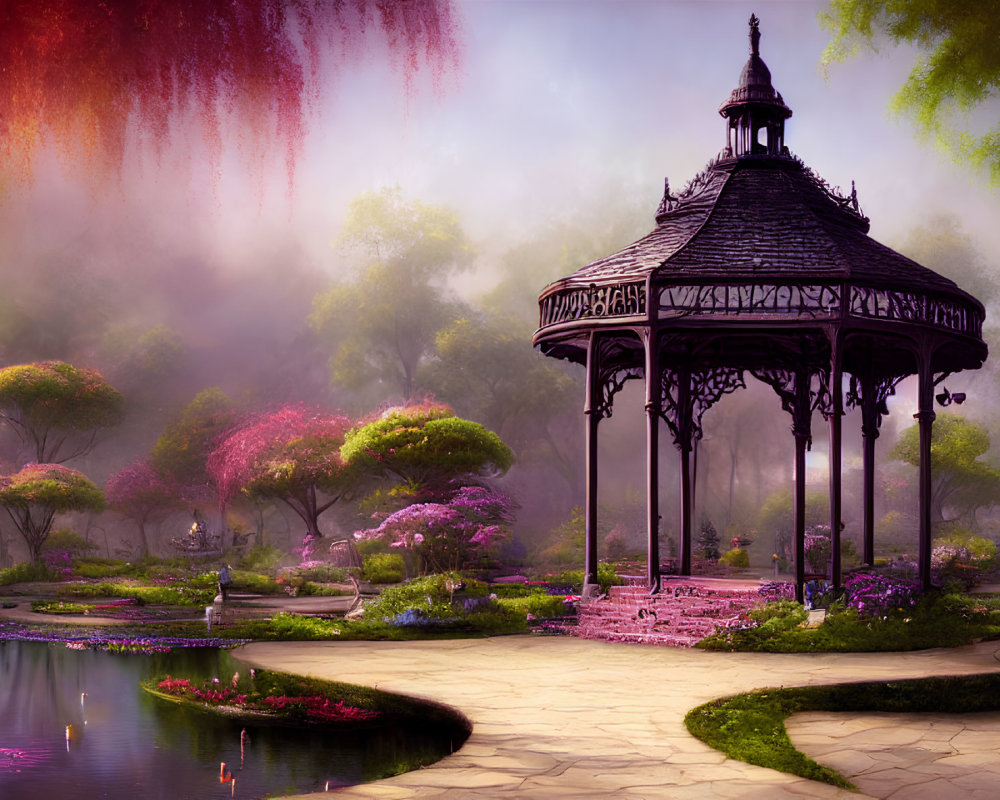 Victorian-style gazebo in serene garden with lush trees, pink blossoms, pond, stone pathway