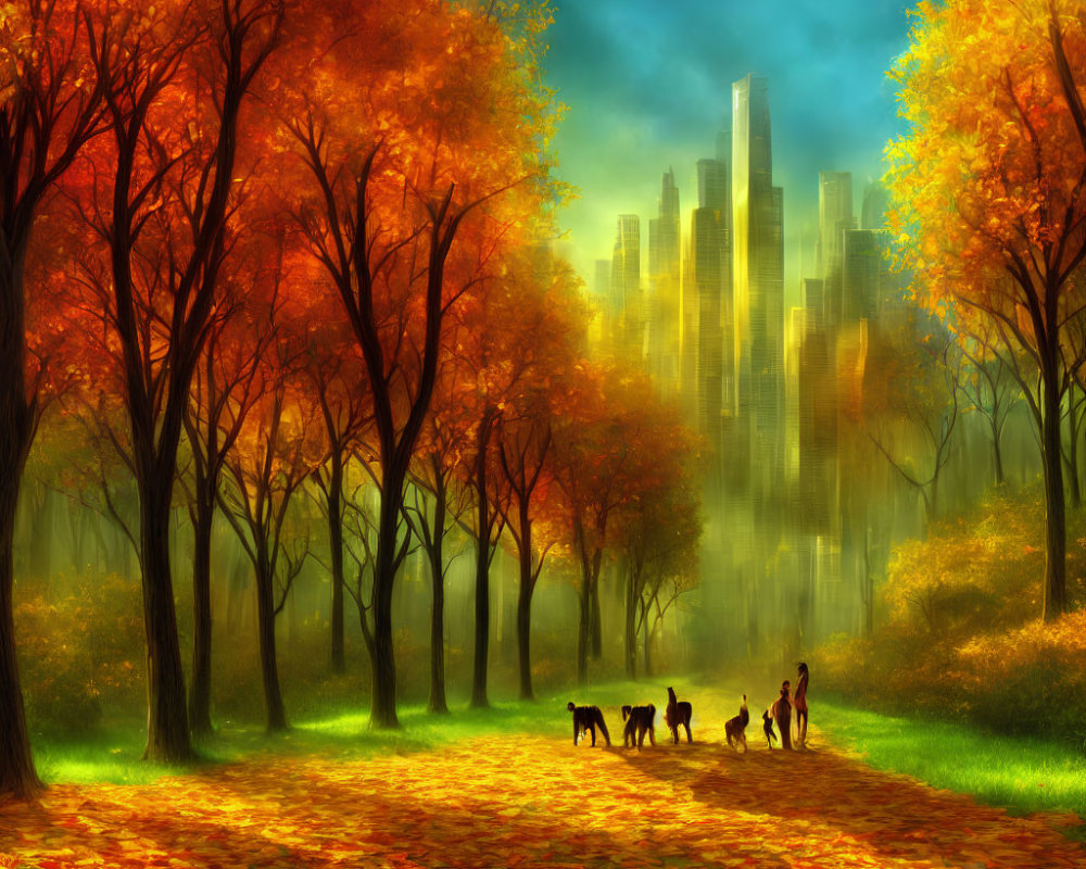 Colorful autumn park scene with people, dogs, and misty city skyline