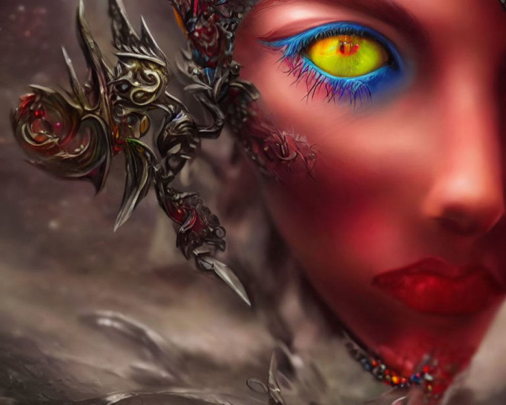 Fantastical female figure with vibrant multicolored eye and ornate headpiece.