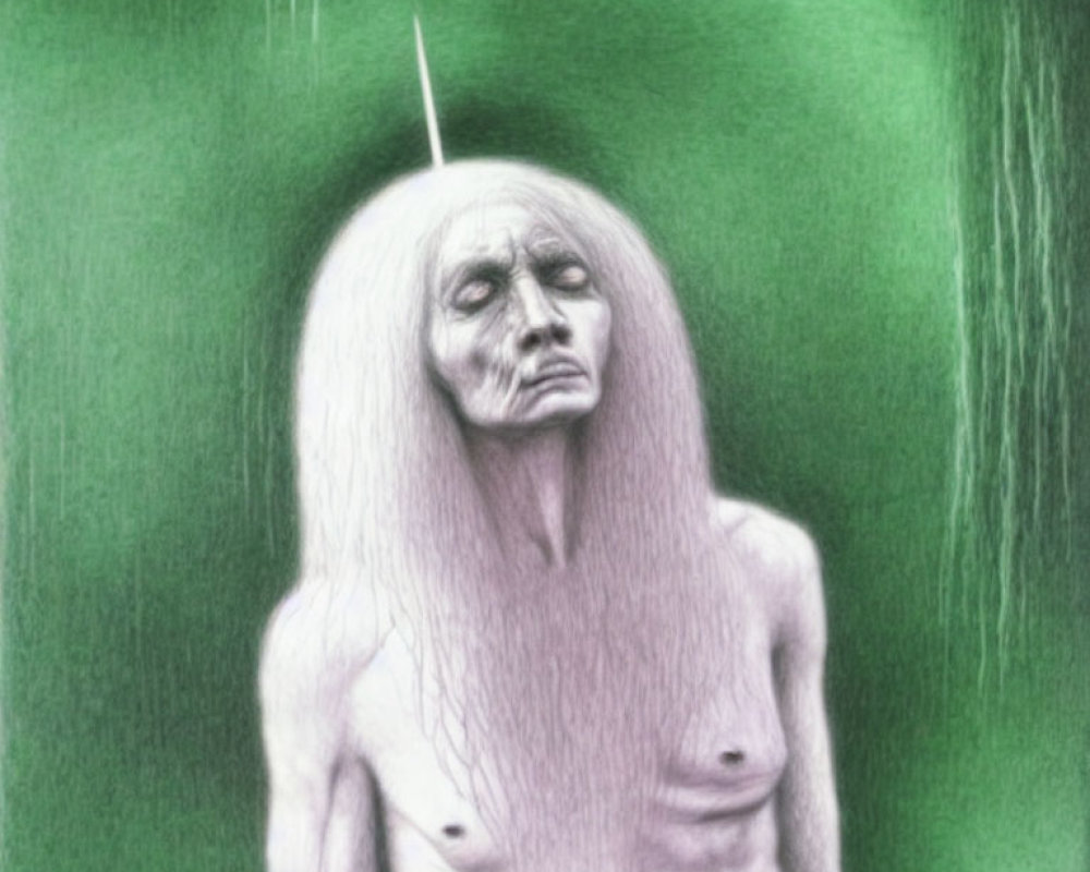 Surreal green-toned artwork of gaunt figure with single horn and long white hair