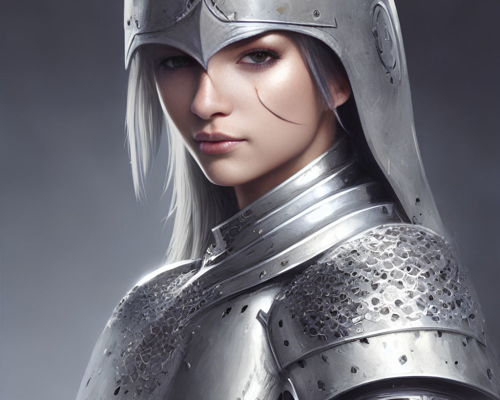 Digital artwork of pale-skinned woman in knight's armor with white hair.