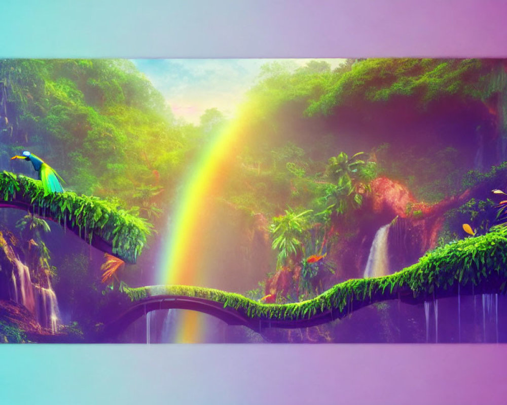 Colorful Jungle Scene with Waterfalls, Birds, Rainbow, and Greenery