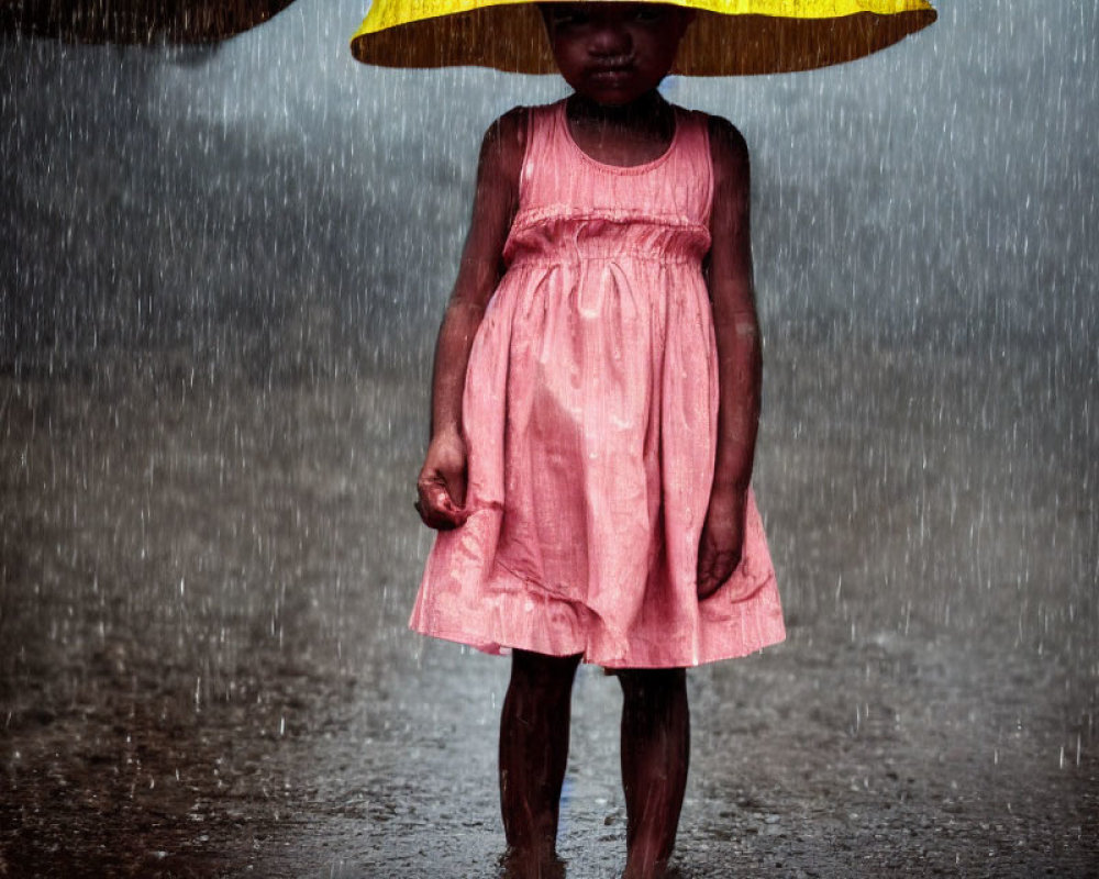 Young child in pink dress with yellow umbrella standing in rain