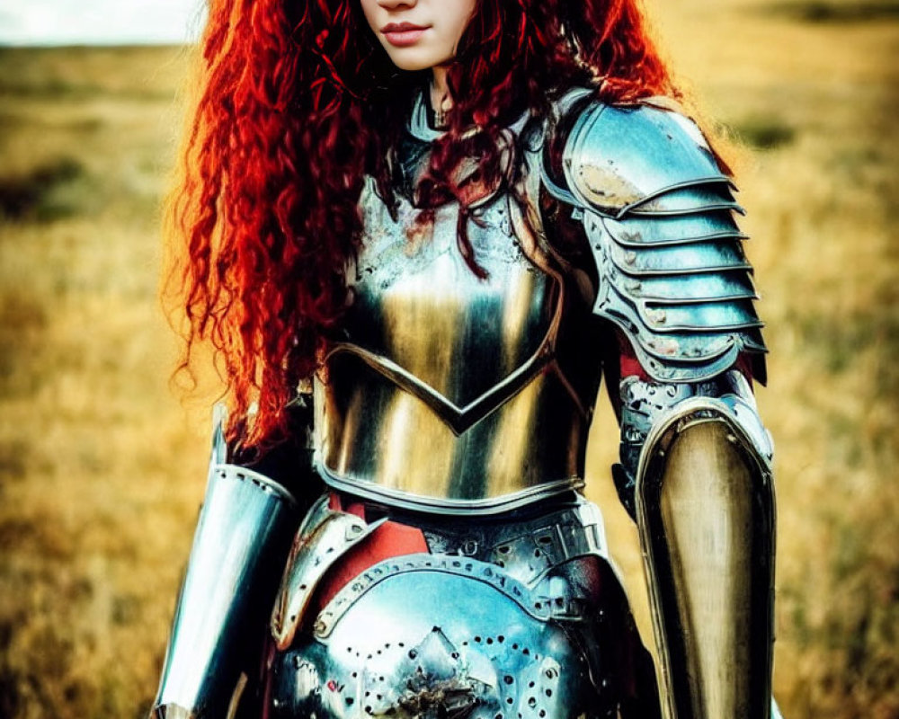 Curly Red-Haired Woman in Medieval Plate Armor Stands in Field