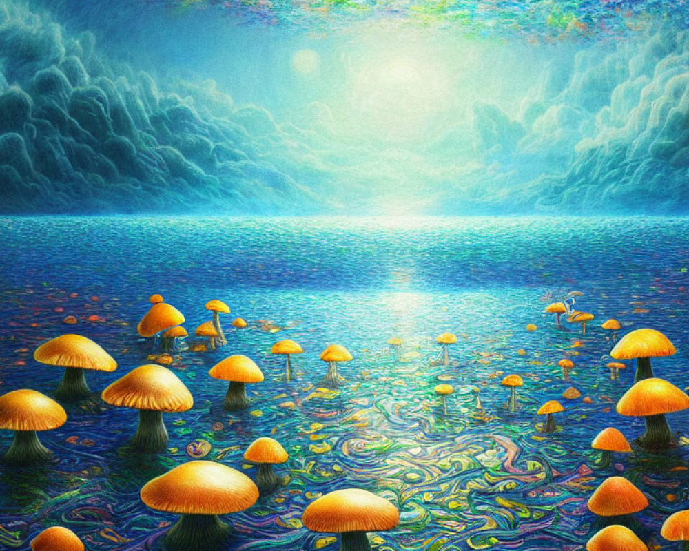 Fantastical landscape with golden mushrooms near serene blue lake