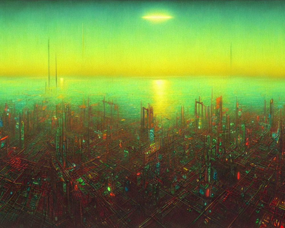 Futuristic cityscape: towering skyscrapers, neon lights, ocean view