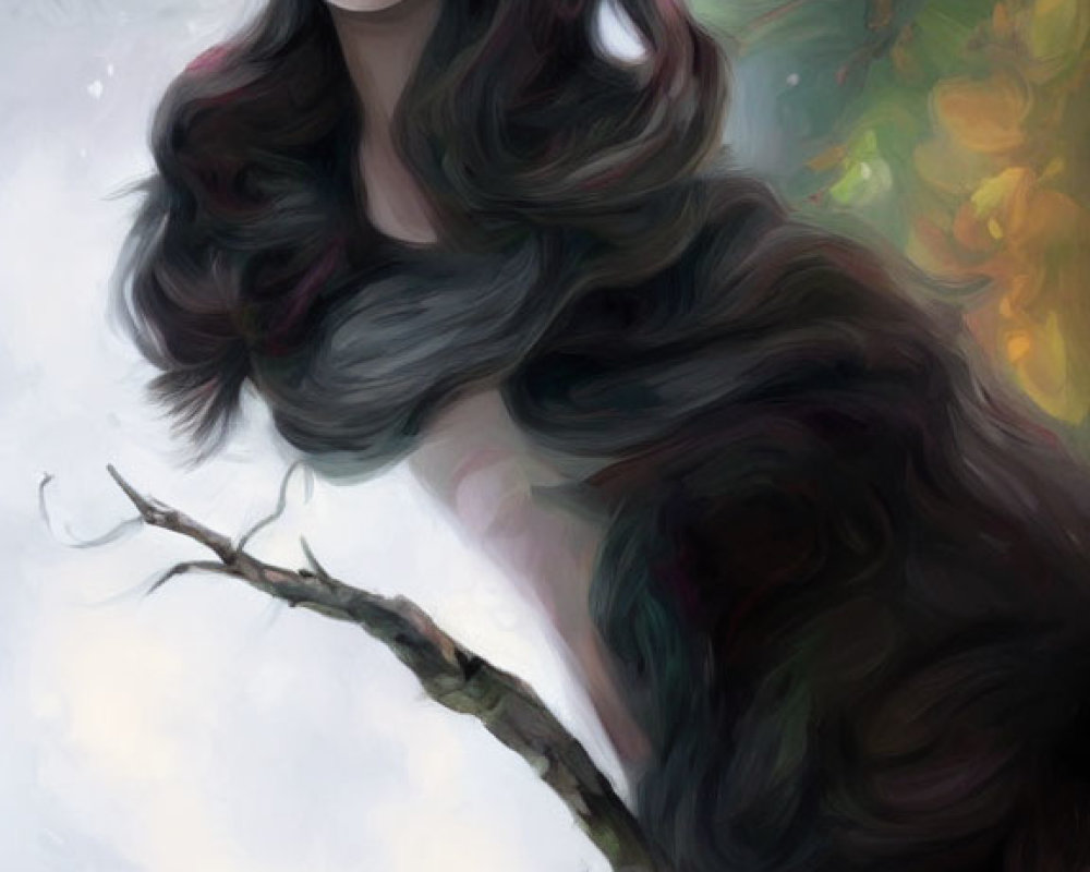 Dark-haired woman with floral headband in soft, impressionistic setting