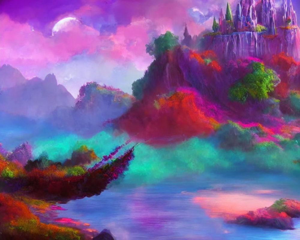Fantasy landscape with castle, lush vegetation, reflective water, purple sky