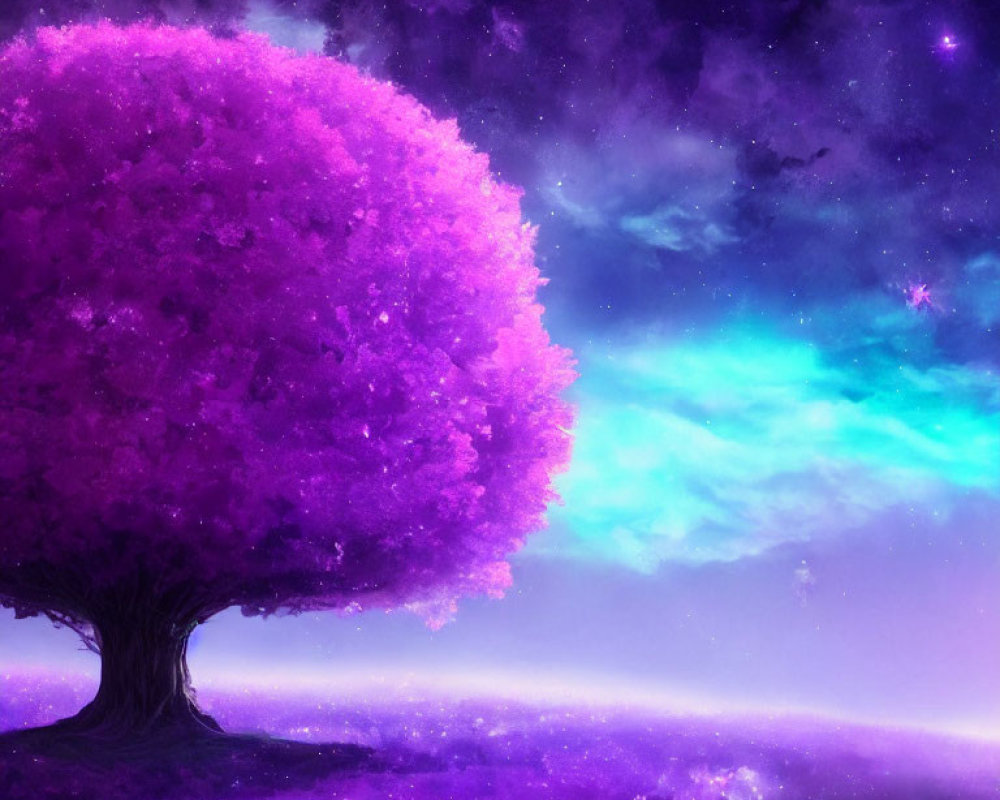 Vibrant digital artwork: Luminous magenta tree in cosmic nebula