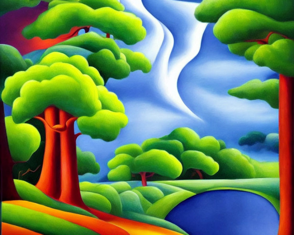 Colorful painting of curvy trees, river, and hills under blue sky